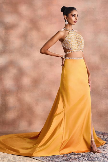 Supria Munjal_Yellow Silk, Taffeta Embroidery, Beads, Stones Embellished Blouse And Skirt Set _Online_at_Aza_Fashions