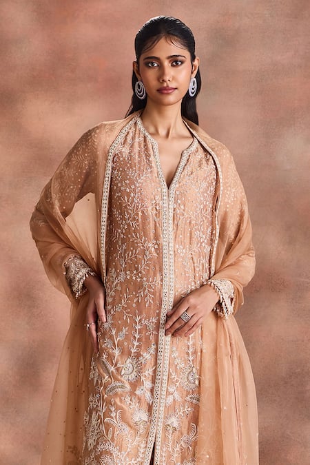 Supria Munjal_Beige Chanderi , Organza Embroidery, Stones, Sequins Tonal Kurta Set _Online_at_Aza_Fashions