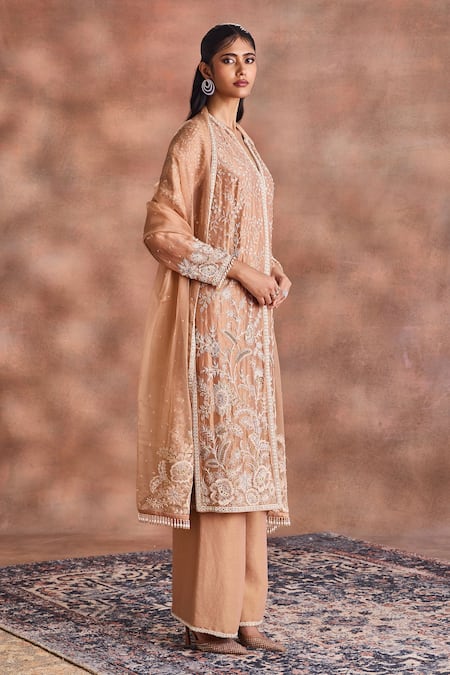 Buy_Supria Munjal_Beige Chanderi , Organza Embroidery, Stones, Sequins Tonal Kurta Set _Online_at_Aza_Fashions