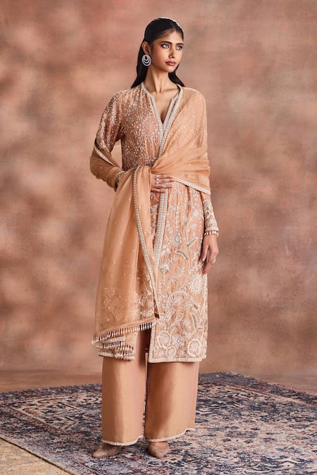 Shop_Supria Munjal_Beige Chanderi , Organza Embroidery, Stones, Sequins Tonal Kurta Set _Online_at_Aza_Fashions