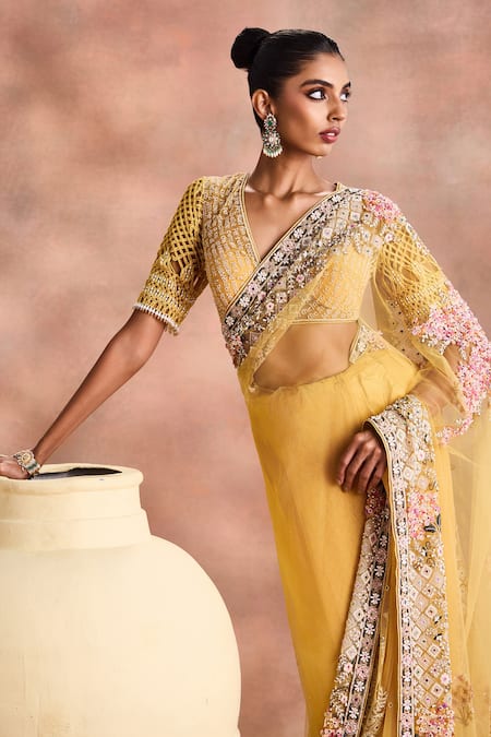 Buy_Supria Munjal_Gold Tulle Embroidery, Beads, Pearls, Stones, Sequins Poem Saree With Blouse _Online_at_Aza_Fashions