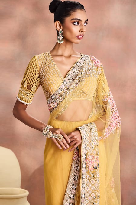 Buy_Supria Munjal_Gold Tulle Embroidery, Beads, Pearls, Stones, Sequins Poem Saree With Blouse 
