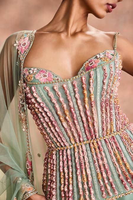 Buy_Supria Munjal_Green Silk Organza Beads, Sequins, Embroidery, Pastel Corset Lehenga Set _Online_at_Aza_Fashions