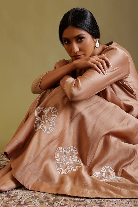 Shop_Chokhi Chorri_Beige Silk, Chanderi, Dupion Zari, Embroidery, Beads Anaya Anarkali With Pant _Online_at_Aza_Fashions