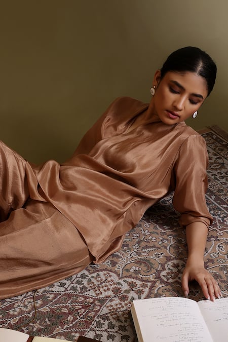 Buy_Chokhi Chorri_Beige Silk, Dupion Cowl Neck Nitya Overlap Top And Pant Set _Online_at_Aza_Fashions