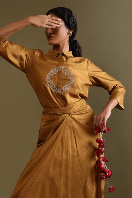 Buy_Chokhi Chorri_Yellow Silk, Dupion Zari, Embroidery Collared Tejas Shirt And Draped Skirt Set _Online_at_Aza_Fashions