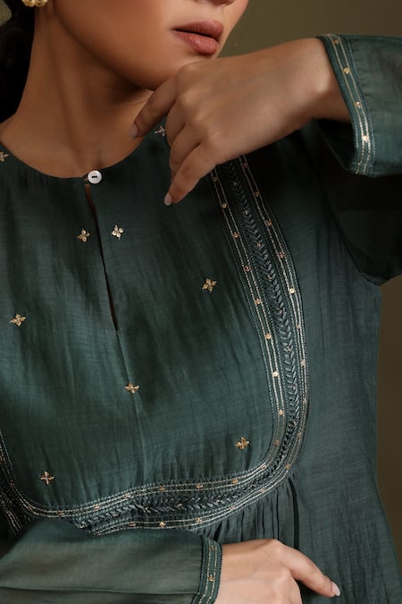 Shop_Chokhi Chorri_Green Cotton, Chanderi Zari, Embroidery, Sequins Keyhole Gathered Kurta Pant Set _Online_at_Aza_Fashions