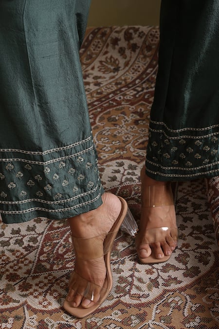 Shop_Chokhi Chorri_Green Chanderi Silk, Dupion Embroidery Round Neck Rajat Short Kurta With Pant _Online_at_Aza_Fashions