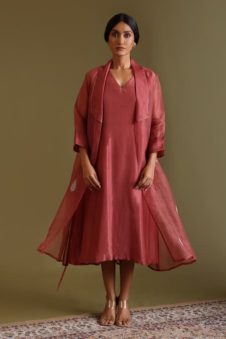 Chokhi Chorri_Pink , Organza Embroidery, Zari V-neck, Shawl Ritu Jacket And Dress Set _Online_at_Aza_Fashions