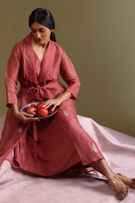 Buy_Chokhi Chorri_Pink , Organza Embroidery, Zari V-neck, Shawl Ritu Jacket And Dress Set _Online_at_Aza_Fashions