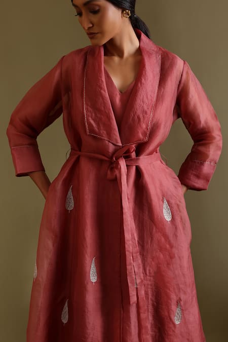 Shop_Chokhi Chorri_Pink , Organza Embroidery, Zari V-neck, Shawl Ritu Jacket And Dress Set _Online_at_Aza_Fashions