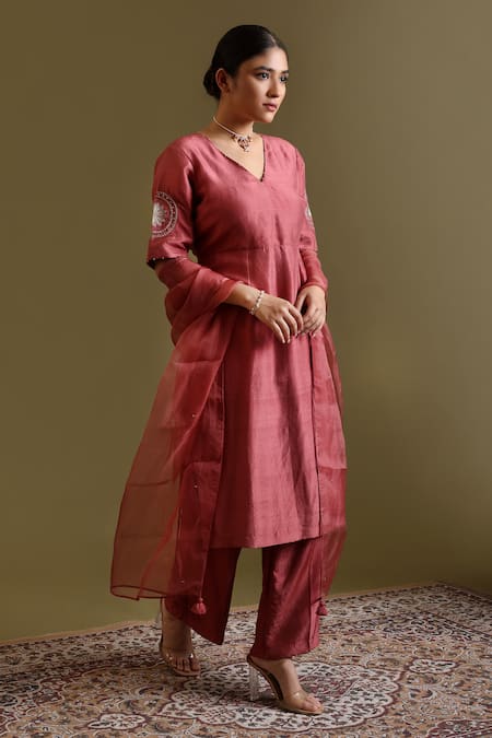 Buy_Chokhi Chorri_Pink Dupion, , Organza Embroidery, Tassels Aurira A-line Kurta Set _Online_at_Aza_Fashions