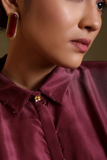 Buy_Chokhi Chorri_Magenta Silk Embroidery, Stones Collared Tanira Handwove Shirt Dress _Online_at_Aza_Fashions