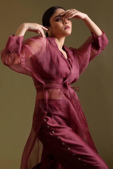 Chokhi Chorri_Magenta Silk Organza, Chanderi Beads, Embroidery Aarini Sheer Jacket And Pant Set _Online_at_Aza_Fashions