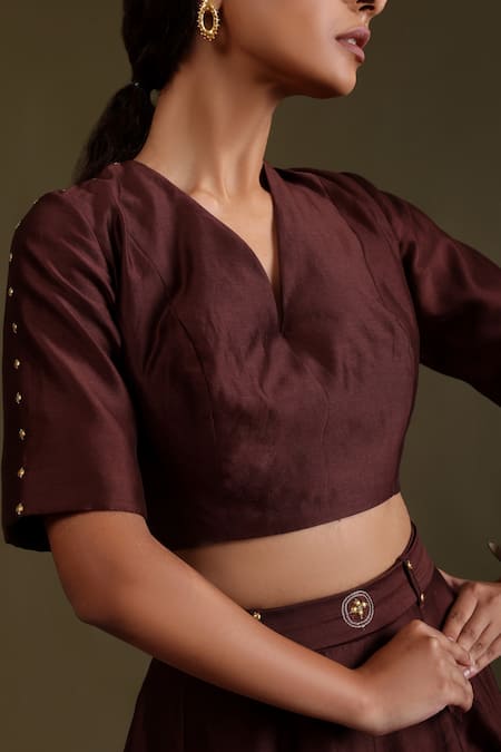 Buy_Chokhi Chorri_Brown Chanderi , Organza Studs, Embroidery, Dhwani Lehenga Set _Online_at_Aza_Fashions