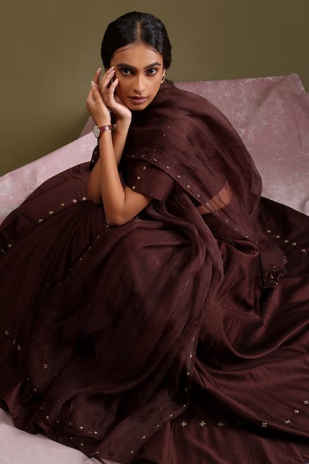 Chokhi Chorri_Brown Chanderi , Organza Studs, Embroidery, Dhwani Lehenga Set _at_Aza_Fashions