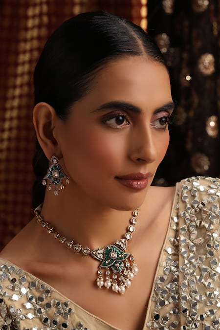 Swabhimann Emerald Green Polki Embellished Necklace Set 