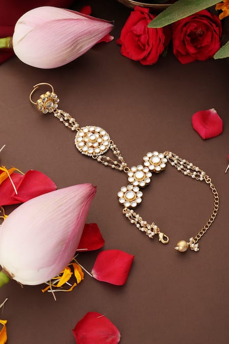 Swabhimann_Gold Plated Stones, Pearls Floral Kundan Embellished Hathphool _Online_at_Aza_Fashions