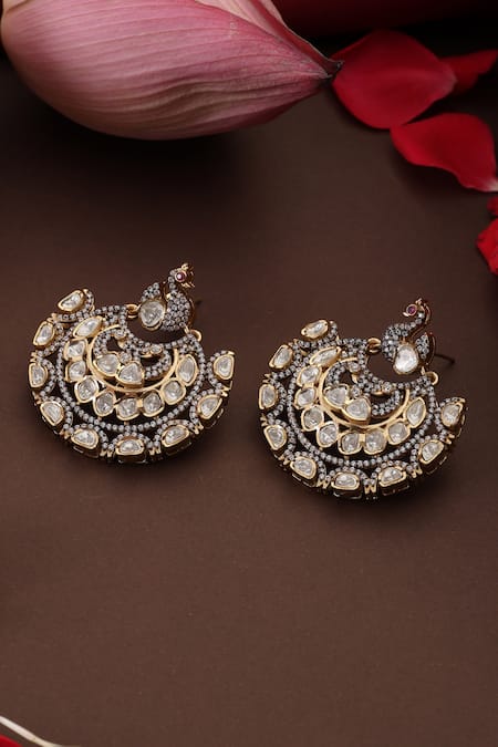 Swabhimann_Silver Plated Stones, Beads Polki Embellished Chandbali Earrings _Online_at_Aza_Fashions