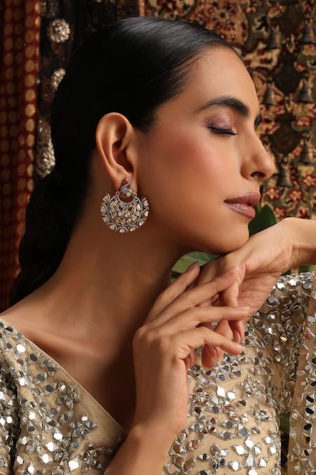 Shop Swabhimann Silver Plated Stones, Beads Polki Embellished Chandbali Earrings Online at Aza Fashions Shop_Swabhimann_Silver Plated Stones, Beads Polki Embellished Chandbali Earrings _Online_at_Aza_Fashions
