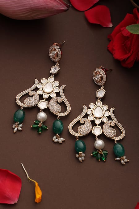 Swabhimann_Green Pearls, Beads, Stones Polki Embellished Drop Dangler Earrings _Online_at_Aza_Fashions