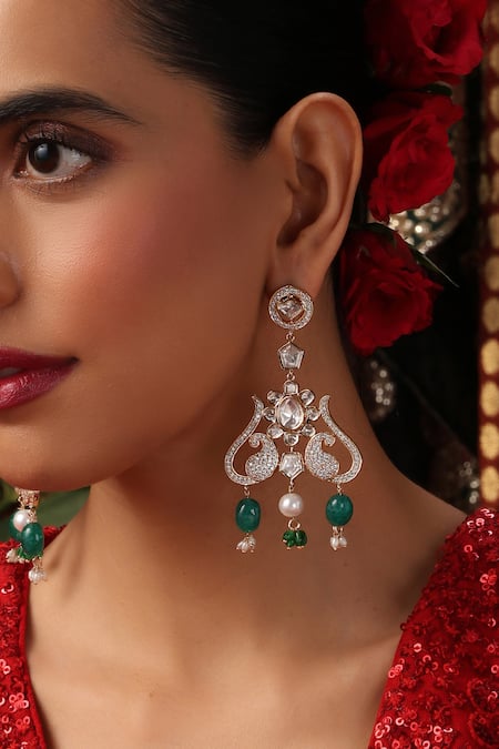 Buy_Swabhimann_Green Pearls, Beads, Stones Polki Embellished Drop Dangler Earrings _Online_at_Aza_Fashions
