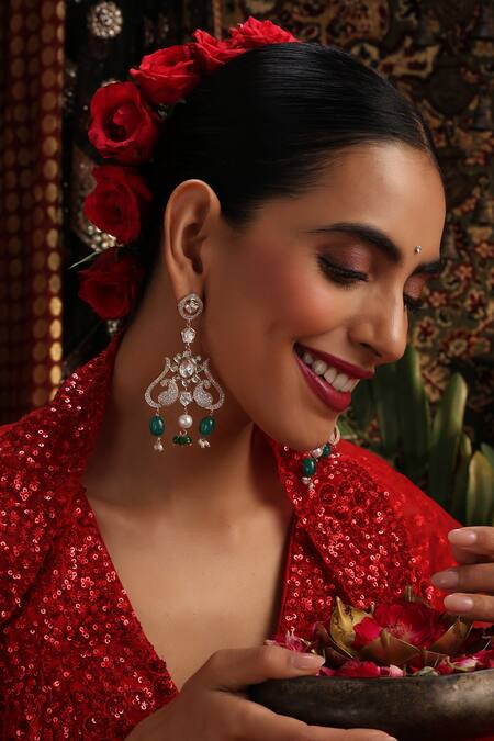 Shop_Swabhimann_Green Pearls, Beads, Stones Polki Embellished Drop Dangler Earrings _Online_at_Aza_Fashions