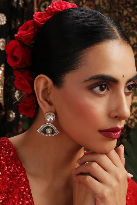 Buy_Swabhimann_Green Stones, Crystals Polki Drop Dangler Earrings _Online_at_Aza_Fashions