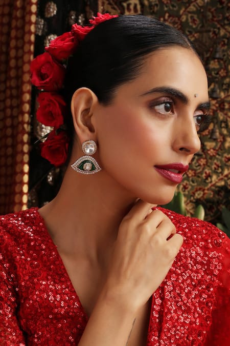 Shop_Swabhimann_Green Stones, Crystals Polki Drop Dangler Earrings _Online_at_Aza_Fashions