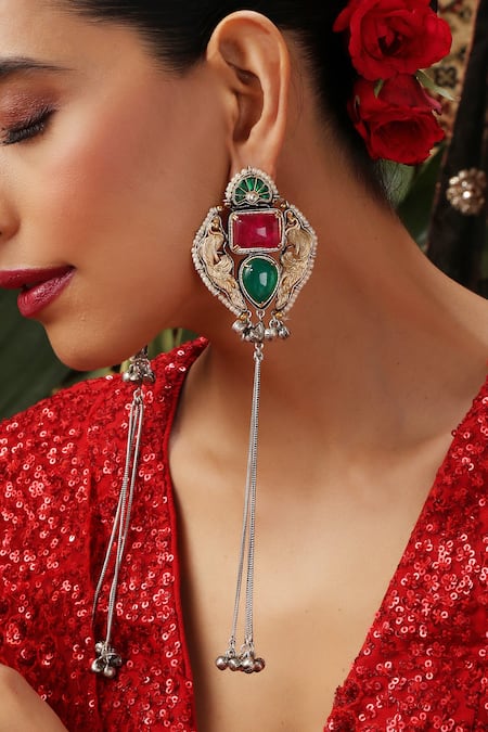 Buy_Swabhimann_Multi Color Gemstones, Beads Tassel Drop Earrings _Online_at_Aza_Fashions