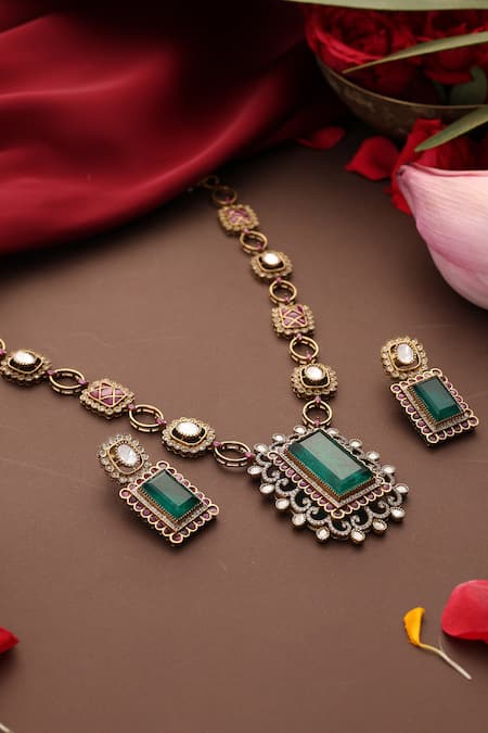 Swabhimann_Multi Color Stones, Pearls Emerald Green Polki Pendant Necklace Set _Online_at_Aza_Fashions