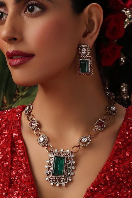 Buy_Swabhimann_Multi Color Stones, Pearls Emerald Green Polki Pendant Necklace Set _Online_at_Aza_Fashions