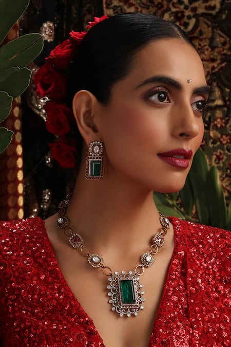 Shop_Swabhimann_Multi Color Stones, Pearls Emerald Green Polki Pendant Necklace Set _Online_at_Aza_Fashions