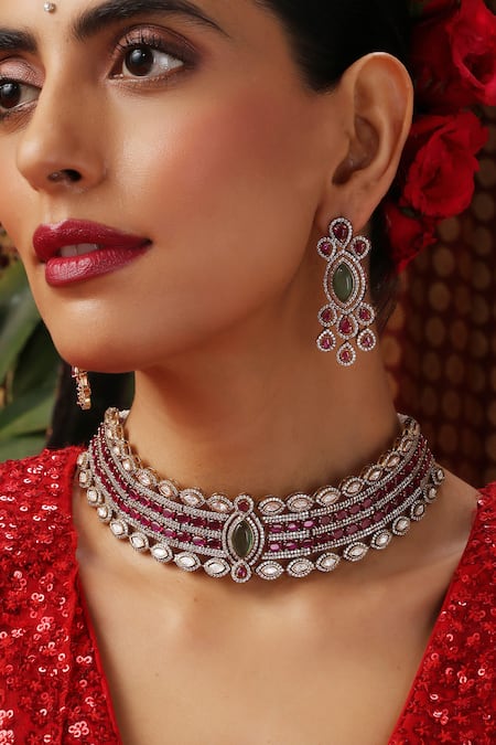 Buy_Swabhimann_Multi Color Stones, Beads, Rhinestones Polki And Zirconia Choker Necklace Set _Online_at_Aza_Fashions