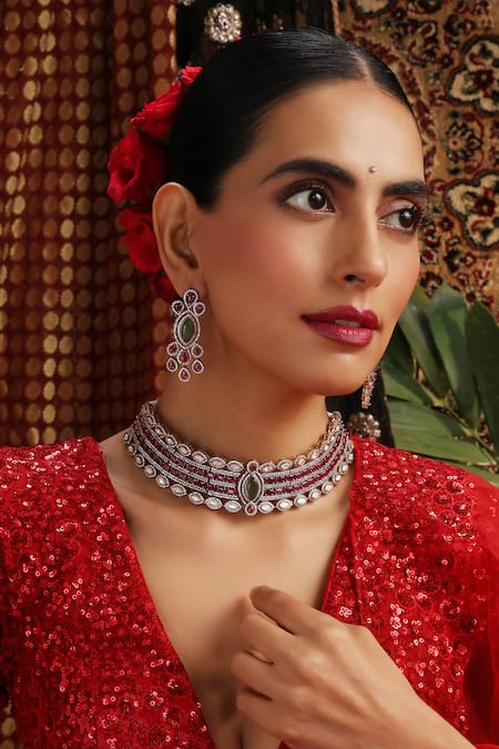 Shop_Swabhimann_Multi Color Stones, Beads, Rhinestones Polki And Zirconia Choker Necklace Set _Online_at_Aza_Fashions