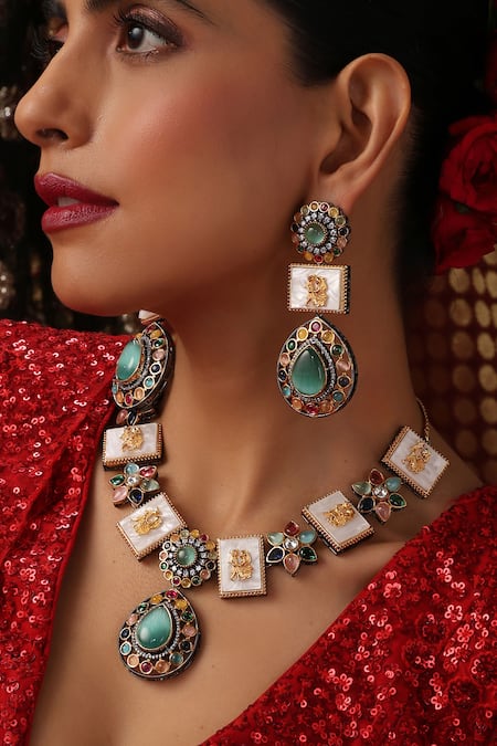 Shop_Swabhimann_Gold Plated Stones, Beads Polki Motif Embellished Necklace Set _Online_at_Aza_Fashions