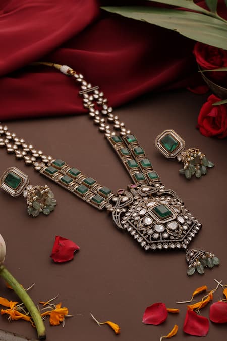 Swabhimann_Green Stones, Beads Polki Embellished Long Pendant Necklace Set _Online_at_Aza_Fashions