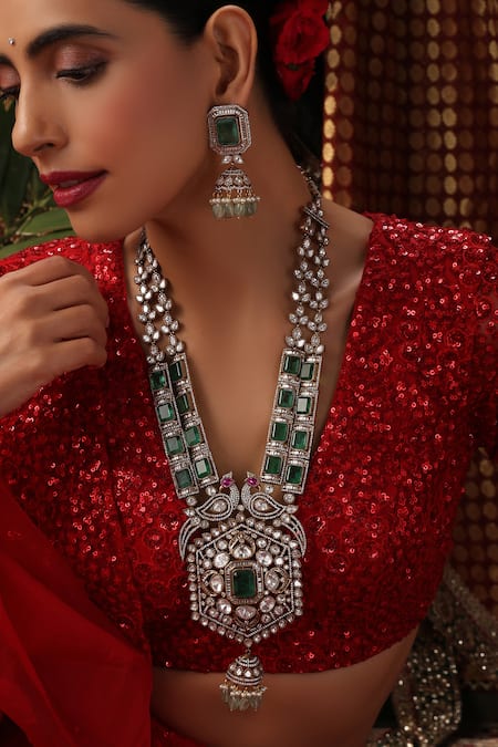 Buy_Swabhimann_Green Stones, Beads Polki Embellished Long Pendant Necklace Set _Online_at_Aza_Fashions
