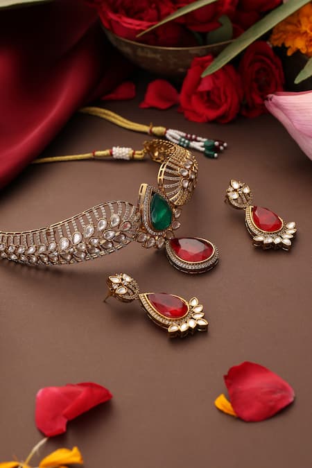 Swabhimann_Gold Plated Stones, Beads Polki And Pendant Drop Choker Set _Online_at_Aza_Fashions
