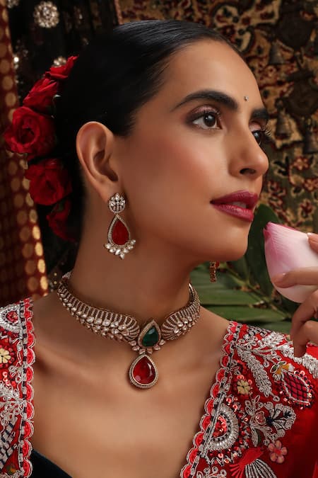 Buy_Swabhimann_Gold Plated Stones, Beads Polki And Pendant Drop Choker Set _Online_at_Aza_Fashions