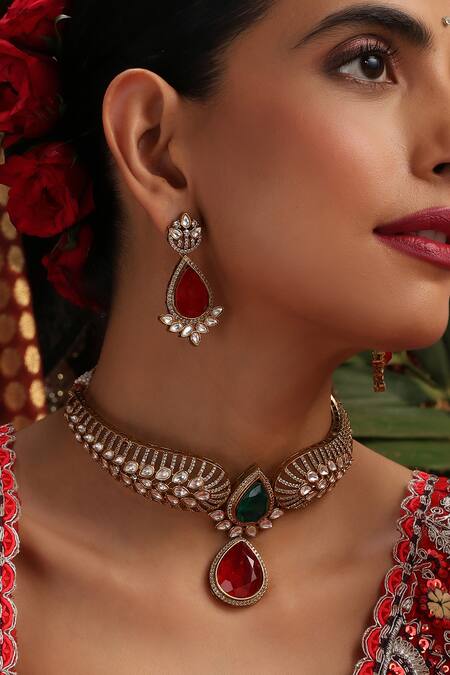 Shop_Swabhimann_Gold Plated Stones, Beads Polki And Pendant Drop Choker Set _Online_at_Aza_Fashions