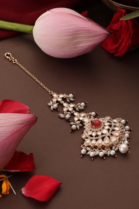 Swabhimann_Red Polki Embellished Drop Maangtikka _Online_at_Aza_Fashions