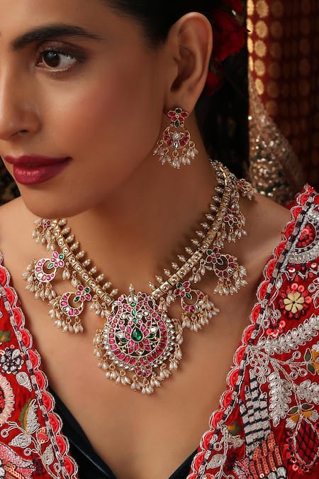 Swabhimann_Multi Color Pearls, Stones, Jadau Embellished Pendant Necklace Set _Online_at_Aza_Fashions