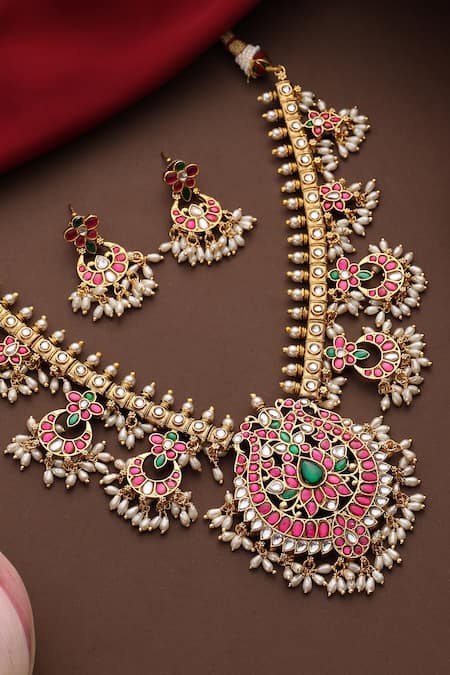 Buy_Swabhimann_Multi Color Pearls, Stones, Jadau Embellished Pendant Necklace Set _Online_at_Aza_Fashions