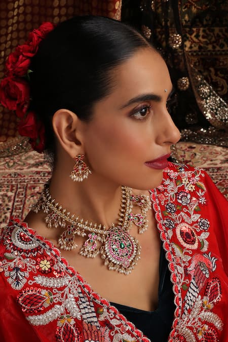 Shop_Swabhimann_Multi Color Pearls, Stones, Jadau Embellished Pendant Necklace Set _Online_at_Aza_Fashions