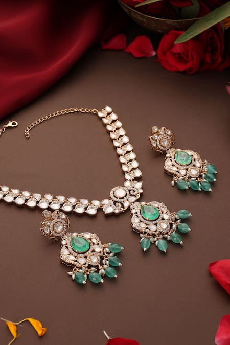 Swabhimann_Green Beads, Stones Polki And Drop Embellished Necklace Set _Online_at_Aza_Fashions