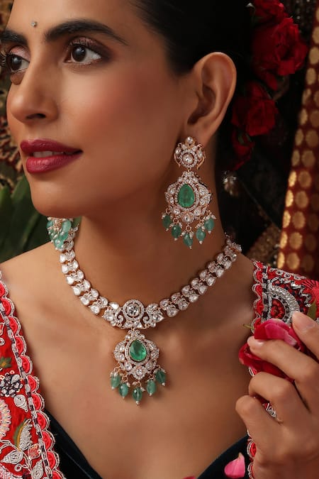 Buy_Swabhimann_Green Beads, Stones Polki And Drop Embellished Necklace Set _Online_at_Aza_Fashions