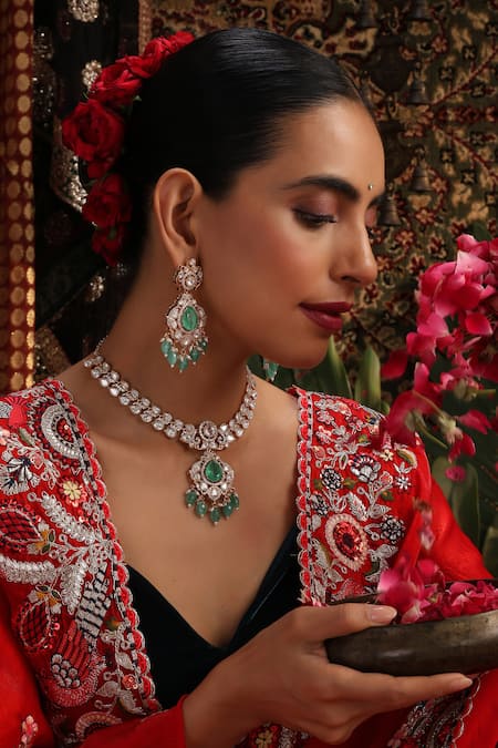 Shop_Swabhimann_Green Beads, Stones Polki And Drop Embellished Necklace Set _Online_at_Aza_Fashions