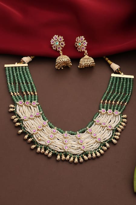 Swabhimann_Green Beads, Stones, Pearls Polki Layered Necklace Set _Online_at_Aza_Fashions
