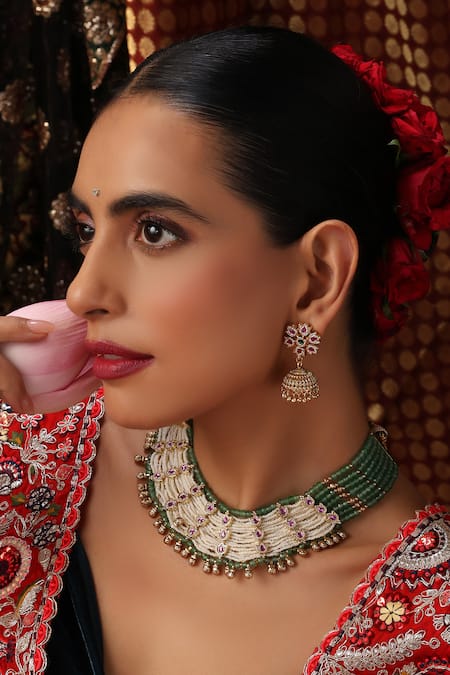 Shop_Swabhimann_Green Beads, Stones, Pearls Polki Layered Necklace Set _Online_at_Aza_Fashions